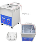 Slick Portable Ultrasonic Cleaner For Rings Watches And Glasses with dimensions, stainless steel design, and mesh basket.