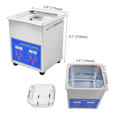 Slick Portable Ultrasonic Cleaner For Rings Watches And Glasses with dimensions, stainless steel design, and mesh basket.
