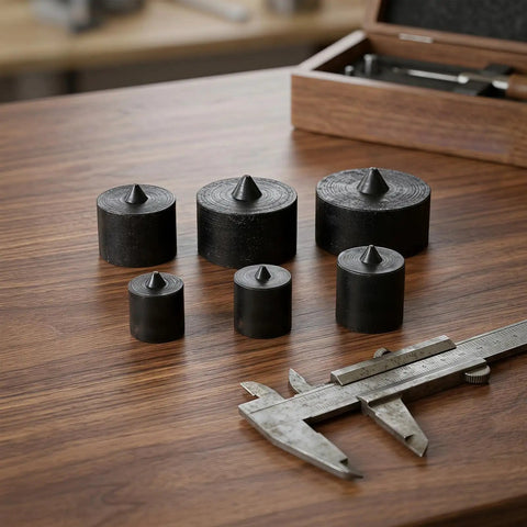 Top Tier Industrial Shaft End Protector Kit With 6 Heavy Duty Metal Spindle Caps For Grip O Matic Pullers To Shield Machine Axles And Slash Vibration Noise, six black metal caps on wood