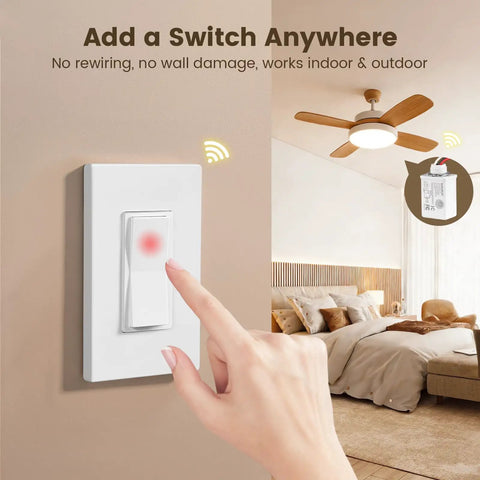 Wireless Light Switch And Receiver Kit For Decorator Rocker Wall Plate 15A No Wiring Needed 100ft RF Range Expandable Remote Control