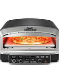 Front view of 14-Inch Indoor Pizza Oven With 850°F High Heat, showing a cooking pizza inside, includes pizza stone and peel.