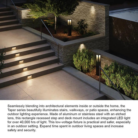 12V Integrated LED Horizontal Step Light with Recessed Mount, Etched Glass, illuminating outdoor stairs, Satin Black