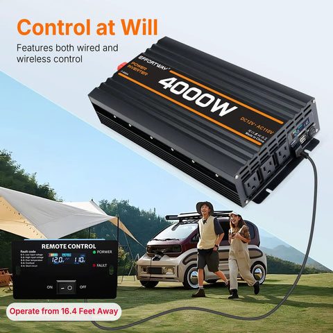 Badass 4000W Power Inverter Switching 12V DC To 110V AC With Modified Sine Wave Action and remote control for RVs and camping.