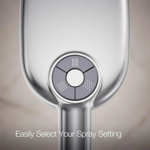 Control panel of Statement Oblong Three Function Handshower With Soak And Restore Mode Katalyst Air Induction Tech in polished chrome.