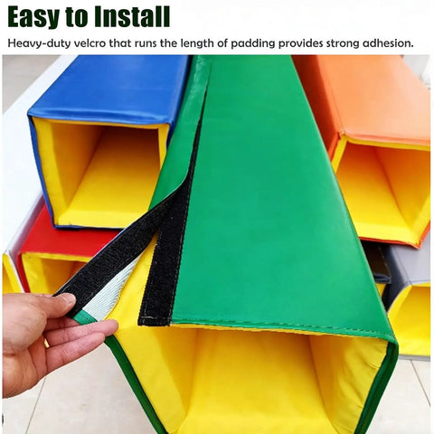 Heavy Duty Square Foam Pole Cover For Basements And Garages Featuring No Sweat Wrap Up Design and Tough As Nails Impact Shield, showing multi-colored sleeves with velcro.