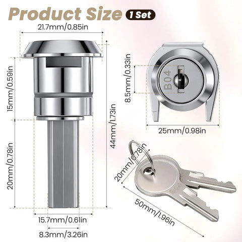 Size diagram of Stainless Steel Cabinet Lock Kit With 180 Degree Rotation Drawer Linkage Lock Unlock Cylinder Includes 2 Keys And Fastening Tab