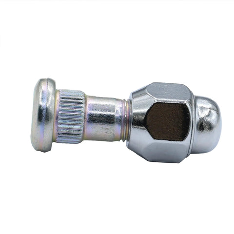 Plug And Play Wheel Hub Bolt Stud Nut Set M12 X 1.25 Thread showing shiny silver nut with hexagonal and rounded ends.