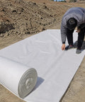 Person unrolling a Heavy Duty Polyester Ground Cover Mat With Built Like A Tank Weed Barrier and Water Permeable Drainage Design.