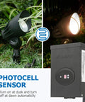 300W Low Voltage Landscape Lighting Transformer With Timer And Photocell, powering yard-friendly spotlights, ETL Listed shown.