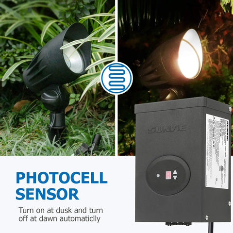 300W Low Voltage Landscape Lighting Transformer With Timer And Photocell, powering yard-friendly spotlights, ETL Listed shown.