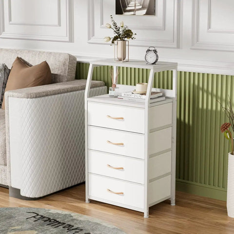 Tall 4 Drawer Dresser With Wood Top And Sturdy Steel Frame For Bedroom Or Hallway Storage Vertical Storage Nightstand Organizer In White Great For Closets Nurseries And Entryways With Space Saving Design And Easy Setup