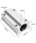 Aluminum 70mm linear bearing slide block for 12mm shaft, silver, angled front view with mounting holes
