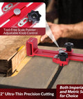 Close-up of No Fuss Safe One Way Roller Bearing Thin Rip Jig for table saws with tool-free scale pointer and adjustable knob control.
