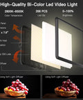 Diagram illustrating the 2 Pack LED Video Light Kit For Creators Dimmable Studio Lights with light panel dimensions and diffuser use.
