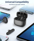 Wireless Lavalier Microphone For iPhone With AI Noise Reduction, 24bit 48kHz Studio Sound shown with charging case and USB-C devices