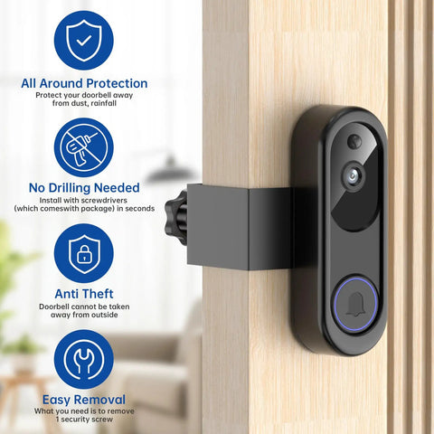 Anti Theft Video Doorbell Mount With No Drill Adjustable Bracket And Waterproof Cover, Keeps Sensor Clear, Apartment Door Camera Mount For Inward Swinging Doors, Compatible With Orbitell SnapGlow BITEPASS SearByte KyraNexo ElioVana, black on wood door