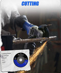 Rugged 7.5 Amp Angle Grinder With 4 1/2 Inch Wheel, 12,000 RPM in use cutting metal, sparks flying, auxiliary handle visible