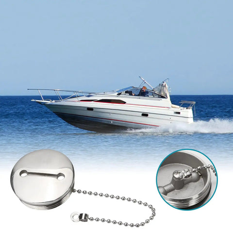 2 Inch 50mm Boat Gas Cap Stainless Steel Polished Marine Deck Fill With Chain Tough As Nails Built To Last Fuel Water Gas Filler Cover Replacement For Boats Yachts Caravans RVs Trucks Deck Hardware Silver shown next to a boat on water