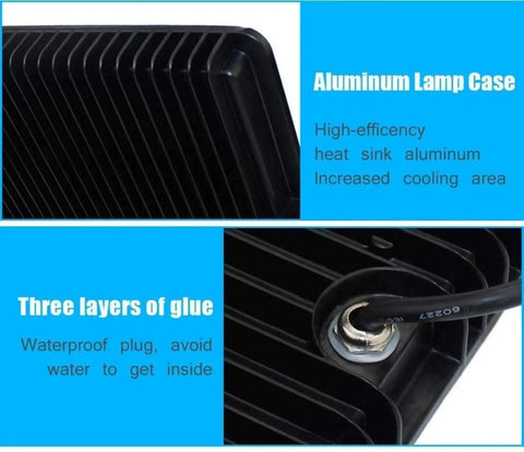 Aluminum lamp case of JUDYSSY Solar Flood Lights 100W Led Floodlight with heat sink and waterproof plug detail.