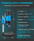 Technical specifications of Mini Benchtop Drill Press With 6 Speeds And 2800 RPM For Metal Wood And DIY Projects 1200W Power.