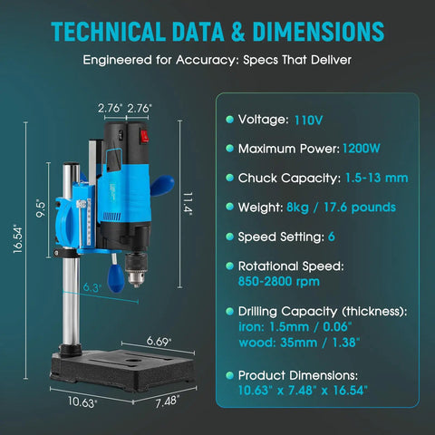 Technical specifications of Mini Benchtop Drill Press With 6 Speeds And 2800 RPM For Metal Wood And DIY Projects 1200W Power.
