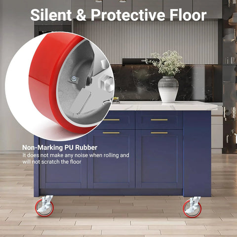 6 Inch Heavy Duty Industrial Grade Caster Wheels Set Of 4 With Aluminum Core PU Wheels And Durable Plate Swivel Casters With Brakes on kitchen island