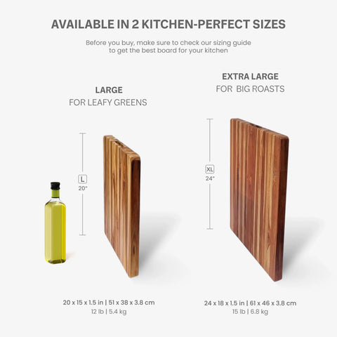 Killer Size Top Shelf Teak Wood Cutting Board 20X15 Inches Food Safe Kitchen Prep Station Sustainable Fsc Certified, side view with size.