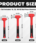 Three Piece Ball Peen Hammer Set With Fiberglass Handles 16oz 32oz 48oz Heavy Duty Pro Grade Forged Steel Construction Smooth Heads