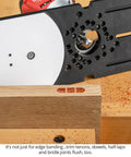 Heavy Duty Flush Trim Router Base Plate shreds through tight edge banding trim, showcasing phenolic plate and wood joint detail.