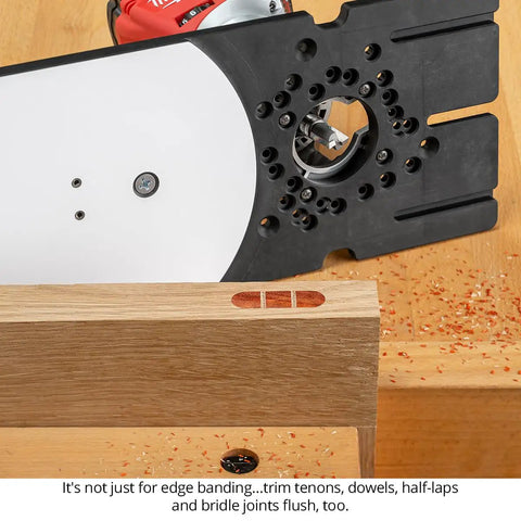 Heavy Duty Flush Trim Router Base Plate shreds through tight edge banding trim, showcasing phenolic plate and wood joint detail.