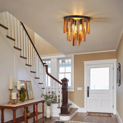Three Light Boho Rattan Look Wood Ceiling Light Fixture In Oak And Black Finish Semi Flush Mount Farmhouse Chandelier in entryway