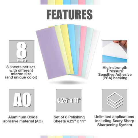 Set Of 8 Lapping Microfinishing Sheets With PSA For Scary Sharp Sharpening System, 4.25 By 11 Inches, Color Coded Micron Grits