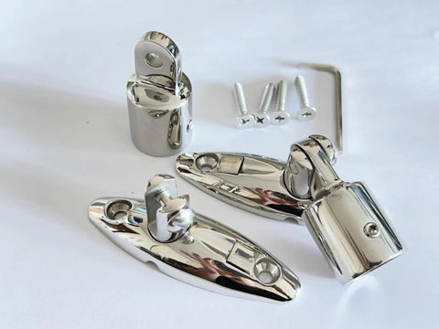 Beefy Deck Side Mounted Bimini Top Hardware Set With Quick Release Hinges And Eye End Caps In 316 Stainless Steel fits seven-eighths inch OD