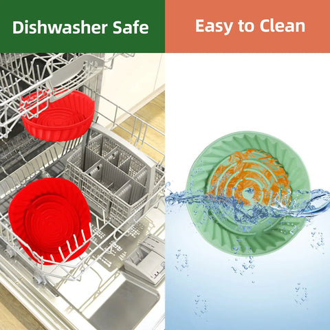 Red and green 2 Pack Air Fryer Silicone Liners Reusable Liners For 5 Qt And Up in dishwasher and rinsed under water