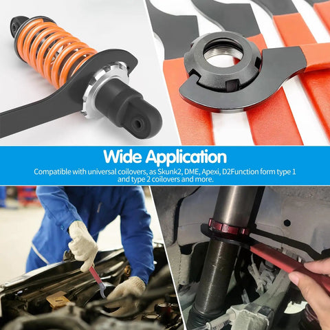 Six Piece Coilover Spanner Wrench Set For Shock Adjustment With C Shape Hook Wrenches Non Slip Rubber Handle in use