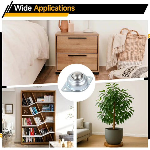 Heavy Duty 30 Piece 5/8 Inch Galvanized Steel Ball Transfer Units Offering 360 Degree Free Spin shown in home furnishings setup.