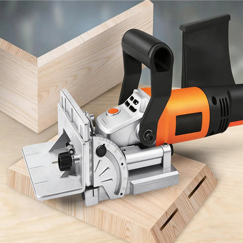 Heavy Duty Electric Tenoning And Mortising Machine With Biscuit Jointer Slotting Tool For Cabinet And Furniture Work, shows precision cutting on wood.