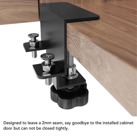 No Sweat 2 Piece Cabinet Clamps For Drawer Face Frame Positioning Quick Install Guide showing clamp on wood edge with adjusters.