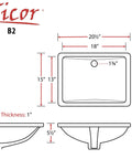 Diagram of Square White Porcelain Undermount Bathroom Vanity Sink, 20.5 Inch, Ceramic Vitreous China with dimensions and cross-section view.