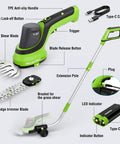 Cordless 2-In-1 Grass Trimmer And Hedge Cutter With 44.5-Inch Extension Pole, 2Ah Battery, tools and parts labeled diagram.