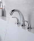 Two Handle Widespread Roman Tub Faucet With Valve Chrome Finish High Flow 12.16 GPM At 60 PSI, pouring water into tub