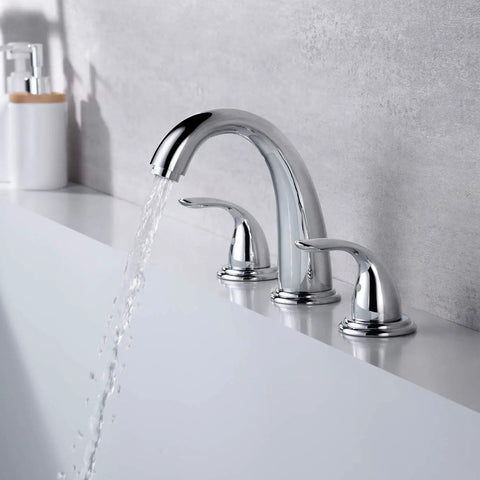 Two Handle Widespread Roman Tub Faucet With Valve Chrome Finish High Flow 12.16 GPM At 60 PSI, pouring water into tub