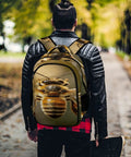 Person wearing Striped Furry Bee Printed Unisex Backpack With Large Capacity, Durable Polyester Material, outside in autumn park