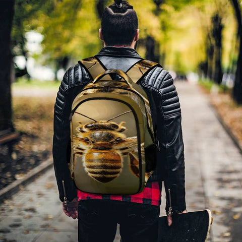 Person wearing Striped Furry Bee Printed Unisex Backpack With Large Capacity, Durable Polyester Material, outside in autumn park