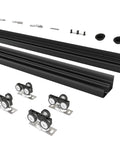 Aluminum Bypass Sliding Door Hardware Kit For Double Closet Doors with 6 ft rails, heavy duty black with components displayed