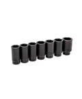 7 Piece Axle Nut Set For One Half Inch Drive Deep Sockets With 6 Point Metric Sockets, Heavy Duty Kit in a row on white background