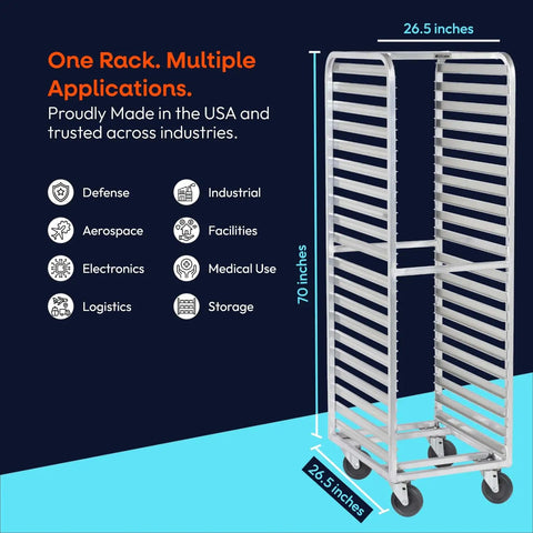 Hardcore Aluminum Bakery Rack That Cradles Twenty Sheet Pans With Roomy Three Inch Spacing And Bulletproof Double Welded Frame Plus Grease Proof Swivel Casters For High Volume Commercial Kitchens