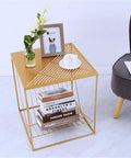 Straight Up Solid Industrial Wood Look End Table With Bottom Storage Shelf Slick Modern Side Desk in gold with books and decor