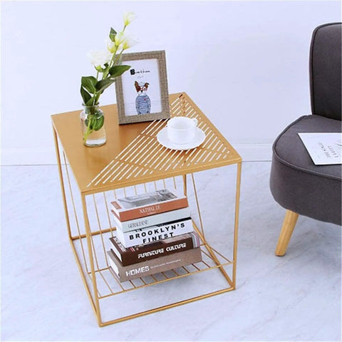 Straight Up Solid Industrial Wood Look End Table With Bottom Storage Shelf Slick Modern Side Desk in gold with books and decor