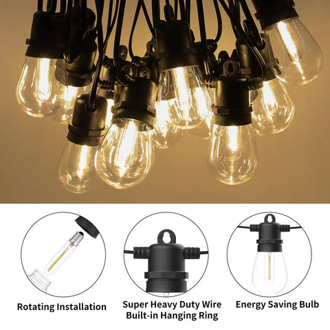 Outdoor LED String Lights 150ft S14 Dimmable Patio Lights IP65 Waterproof With 48 Shatterproof Bulbs close-up view